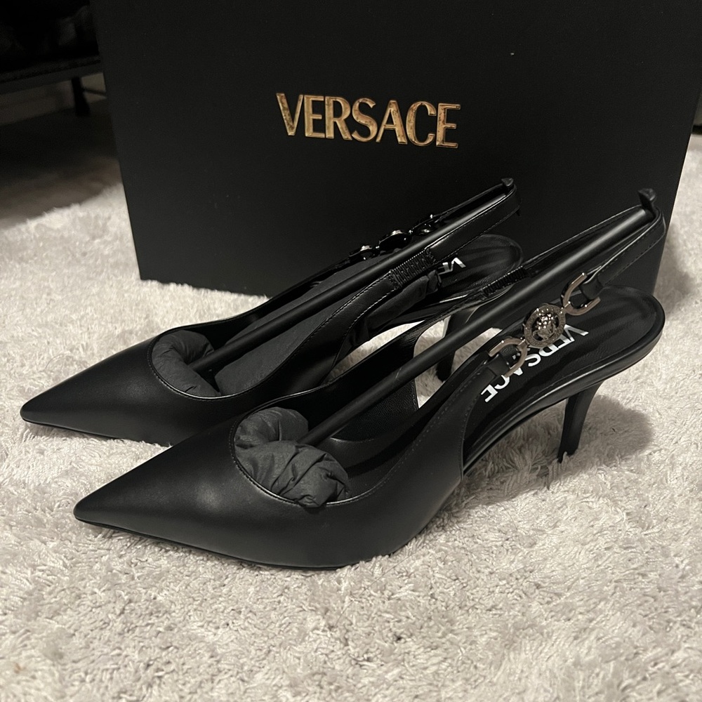 Versace Black Pointed Toe Slingback Heels